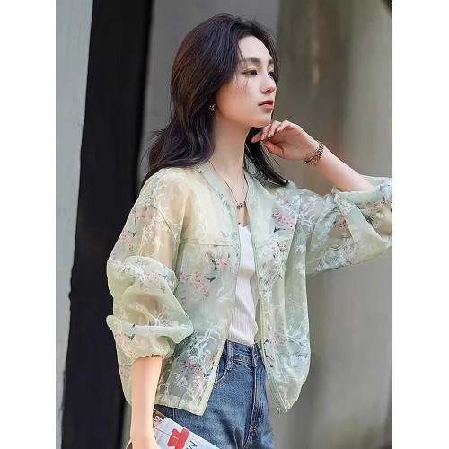 立領刺綉印花歐根紗防曬薄款短外套女2025夏季新款長袖防曬衣上衣