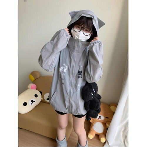 日系二次元可愛貓耳朵連帽防曬衣女夏季新款寬松軟妹防紫外線外套
