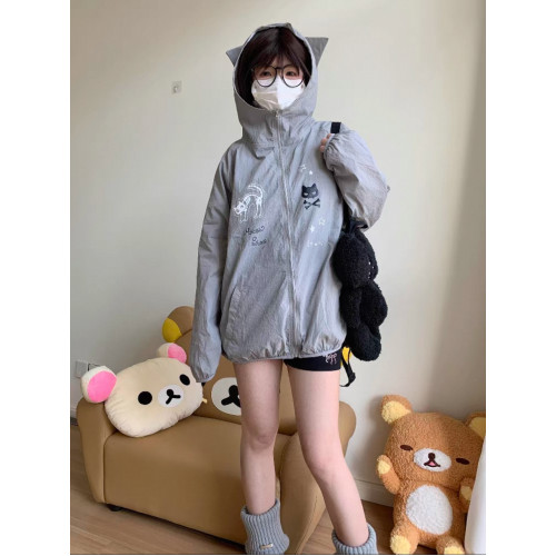 日系二次元可愛貓耳朵連帽防曬衣女夏季新款寬松軟妹防紫外線外套