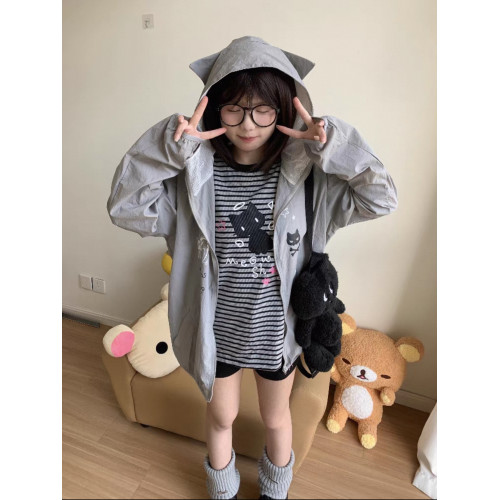 日系二次元可愛貓耳朵連帽防曬衣女夏季新款寬松軟妹防紫外線外套
