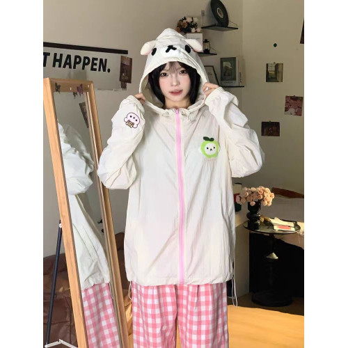 日系可愛軟萌輕松熊防曬衣女寬松小衆設計感防紫外線薄款甜美外套
