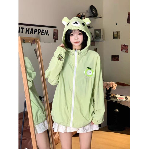 日系可愛軟萌輕松熊防曬衣女寬松小衆設計感防紫外線薄款甜美外套
