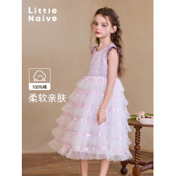 Little Naive女童禮服裙夏季小飛袖珠片蛋糕裙兒童公主背心連衣裙