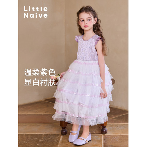 Little Naive女童禮服裙夏季小飛袖珠片蛋糕裙兒童公主背心連衣裙
