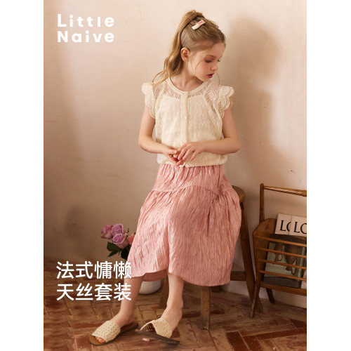 Little Naive女童短袖T恤夏季新款兒童飛袖上衣女童針織鏤空背心