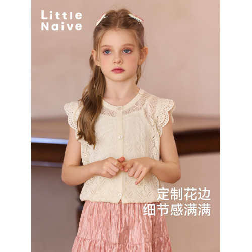 Little Naive女童短袖T恤夏季新款兒童飛袖上衣女童針織鏤空背心