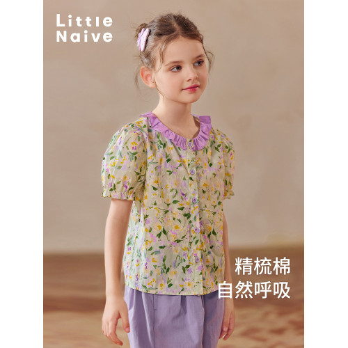 Little Naive女童碎花短袖襯衫夏新款荷葉邊圓領上衣兒童甜美短袖