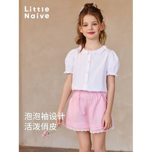Little Naive女童碎花短袖襯衫夏新款荷葉邊圓領上衣兒童甜美短袖