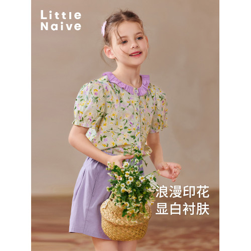 Little Naive女童碎花短袖襯衫夏新款荷葉邊圓領上衣兒童甜美短袖