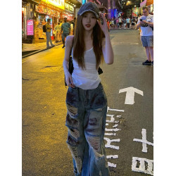 破洞牛仔褲女美式高街復古做舊髒染設計大碼胖MM休閒直筒濶腿褲子