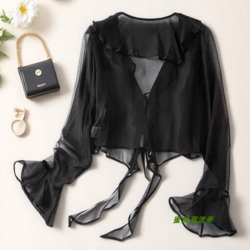 黑色真絲輕薄速乾透氣防曬衣罩衫女短款夏季桑蠶絲開衫配裙子外搭