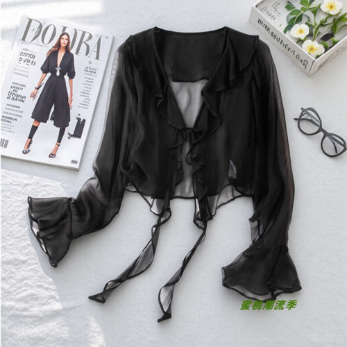 黑色真絲輕薄速乾透氣防曬衣罩衫女短款夏季桑蠶絲開衫配裙子外搭