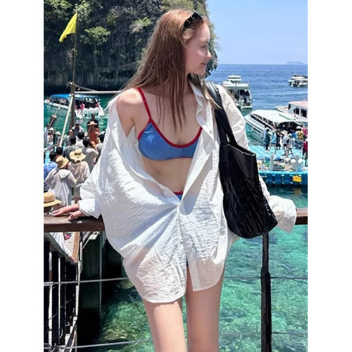 多巴胺海島穿搭比基尼泳衣外搭罩衫海邊白色襯衫防曬衣開衫上衣
