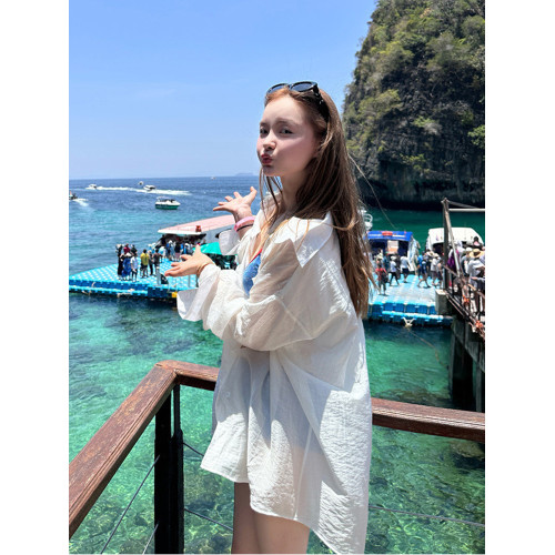 多巴胺海島穿搭比基尼泳衣外搭罩衫海邊白色襯衫防曬衣開衫上衣