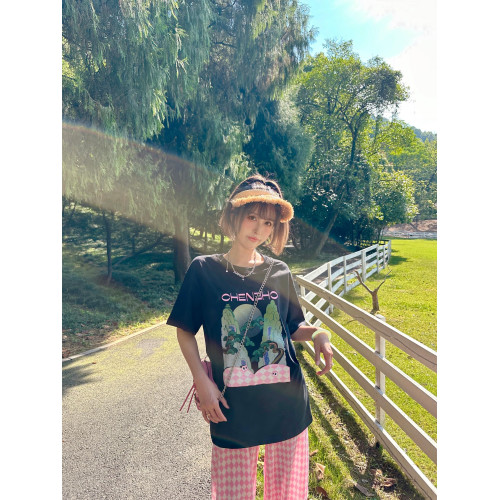 隅見丨菱形格休閒褲女2025新款夏季薄款松弛感濶腿褲高腰粉色長褲