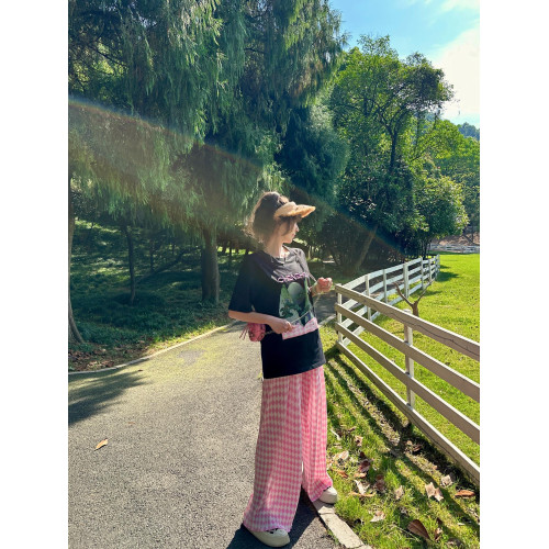 隅見丨菱形格休閒褲女2025新款夏季薄款松弛感濶腿褲高腰粉色長褲