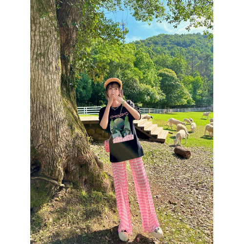 隅見丨菱形格休閒褲女2025新款夏季薄款松弛感濶腿褲高腰粉色長褲