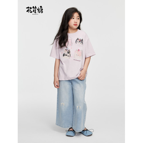 花笙糖女童可愛小貓印花T恤寬松短袖兒童休閒透氣柔軟小女孩上衣