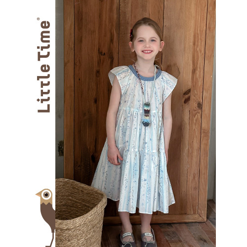 Little time女童連衣裙2025夏季新款兒童洋氣藍色碎花純棉連衣裙