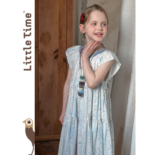 Little time女童連衣裙2025夏季新款兒童洋氣藍色碎花純棉連衣裙