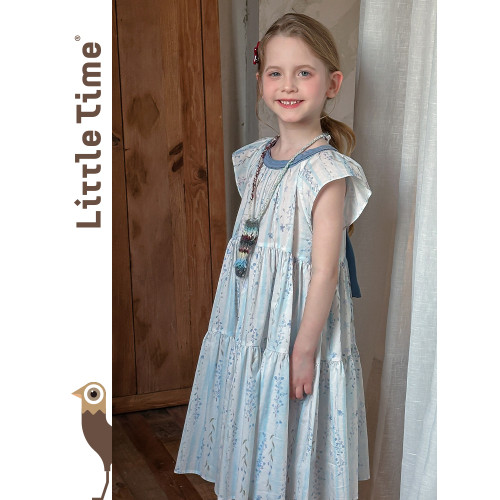 Little time女童連衣裙2025夏季新款兒童洋氣藍色碎花純棉連衣裙