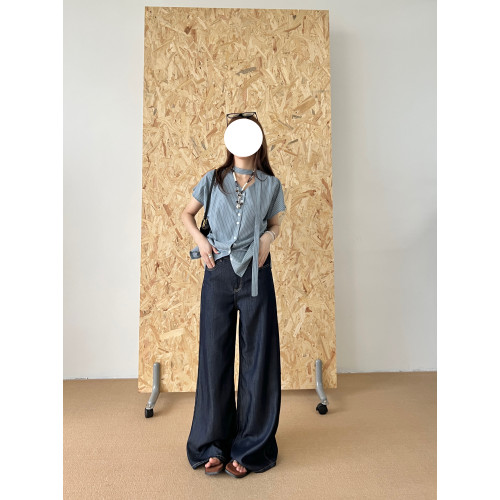 fuccykee深藍色牛仔褲女春季新款復古直筒濶腿褲寬松長褲拖地褲子