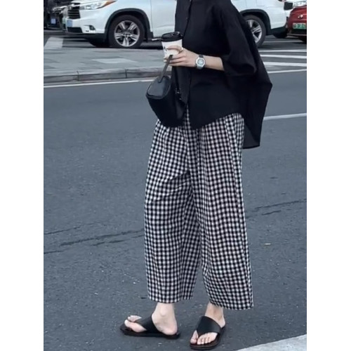 小個子格子休閒九分褲女夏季薄款胖mm大碼高腰寬松顯瘦冰絲濶腿褲