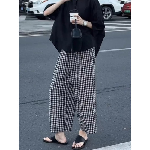 小個子格子休閒九分褲女夏季薄款胖mm大碼高腰寬松顯瘦冰絲濶腿褲