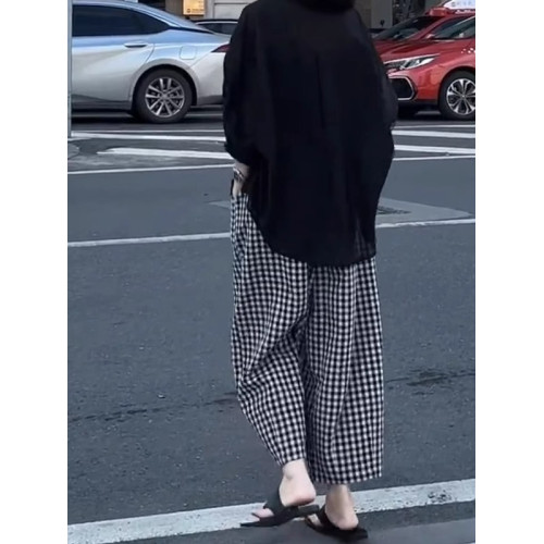 小個子格子休閒九分褲女夏季薄款胖mm大碼高腰寬松顯瘦冰絲濶腿褲