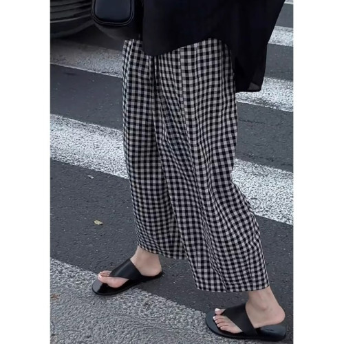 小個子格子休閒九分褲女夏季薄款胖mm大碼高腰寬松顯瘦冰絲濶腿褲