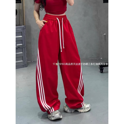 速乾褲女夏薄款高個子三條杠褲子寬松bf慵懶風舞蹈抽繩拖地濶腿褲