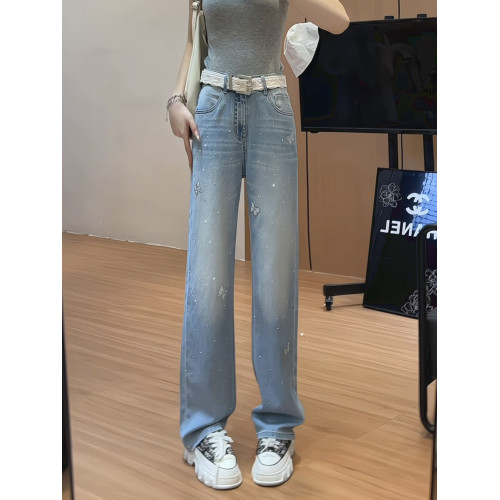 高級蝴蝶燙鑽牛仔褲女夏薄款高腰顯瘦窄版別致獨特淺色重工濶腿褲