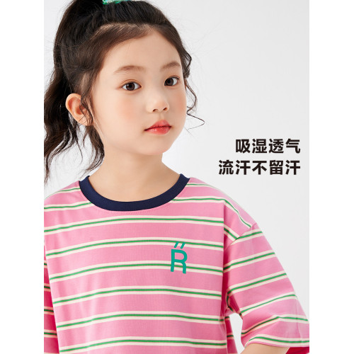 【特惠清倉】左西女童短袖t恤兒童夏裝條紋夏季上衣女大童衣服