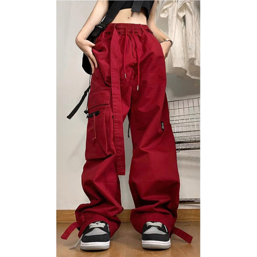 2024龍年新款美式復古高街hippo紅色工裝褲子女休閒運動濶腿褲ins