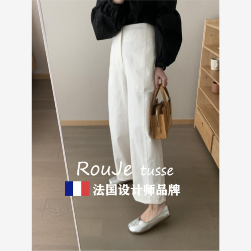Rouje tusse白色直筒褲濶腿褲女夏休閒褲慵懶松弛感九分褲西裝褲
