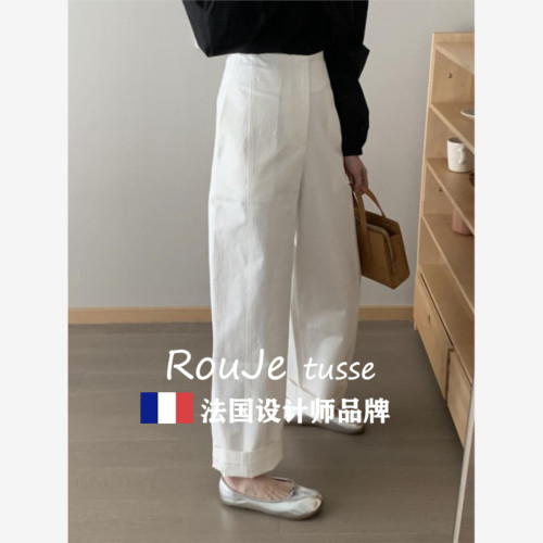Rouje tusse白色直筒褲濶腿褲女夏休閒褲慵懶松弛感九分褲西裝褲