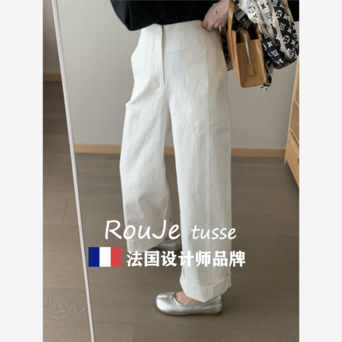 Rouje tusse白色直筒褲濶腿褲女夏休閒褲慵懶松弛感九分褲西裝褲