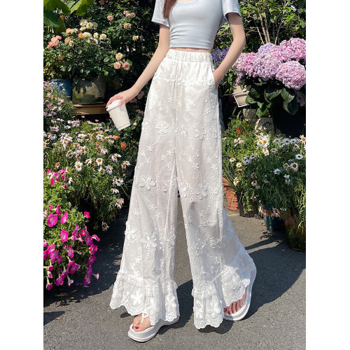 隅見丨白色提花刺綉濶腿褲女2025夏季新款荷葉邊高腰寬松直筒褲子