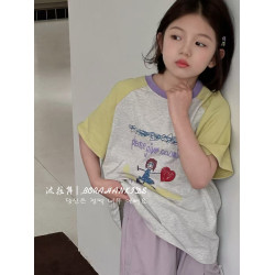 波拉韓女童短袖T恤夏季純棉插肩袖體恤2025新款兒童夏裝女孩衣服