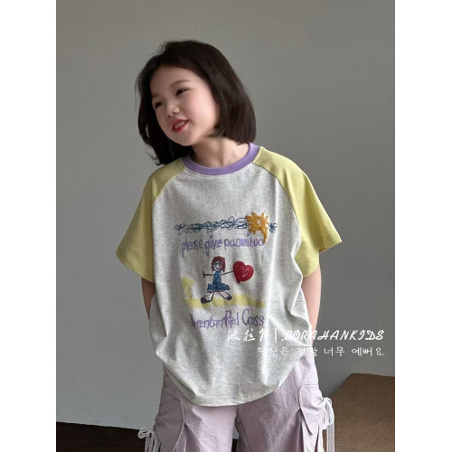 波拉韓女童短袖T恤夏季純棉插肩袖體恤2025新款兒童夏裝女孩衣服
