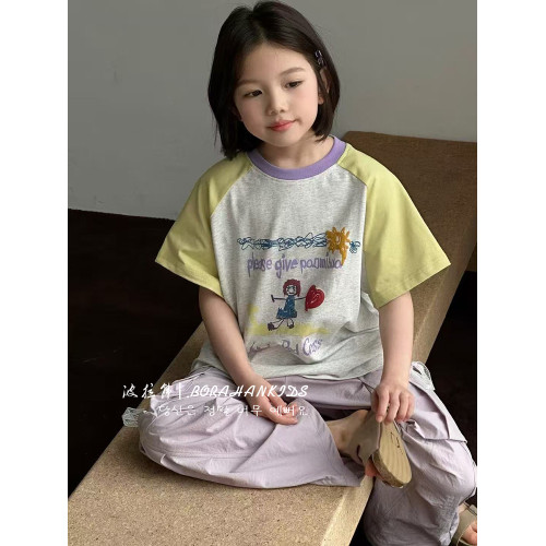 波拉韓女童短袖T恤夏季純棉插肩袖體恤2025新款兒童夏裝女孩衣服