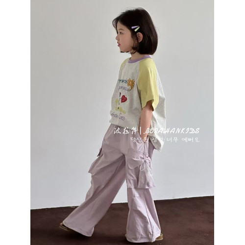 波拉韓女童短袖T恤夏季純棉插肩袖體恤2025新款兒童夏裝女孩衣服