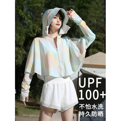 速乾透氣防紫外線原紗短款防曬衣女款冰絲鬭篷戶外防曬服女UPF100