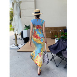 褶皺高彈修身顯瘦新中式撞色旗袍連衣裙女三宅2025夏新款印花長裙