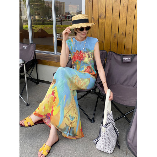 褶皺高彈修身顯瘦新中式撞色旗袍連衣裙女三宅2025夏新款印花長裙