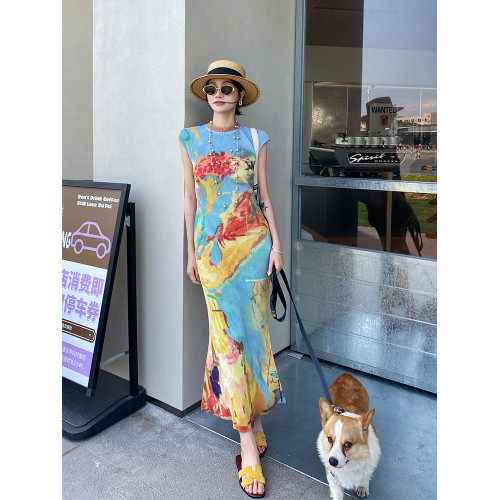褶皺高彈修身顯瘦新中式撞色旗袍連衣裙女三宅2025夏新款印花長裙