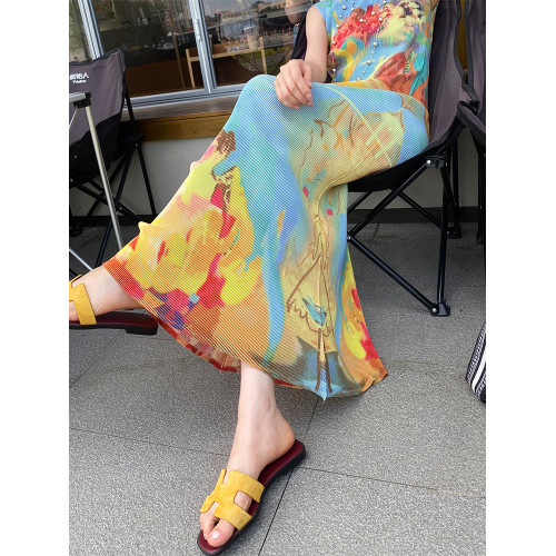 褶皺高彈修身顯瘦新中式撞色旗袍連衣裙女三宅2025夏新款印花長裙
