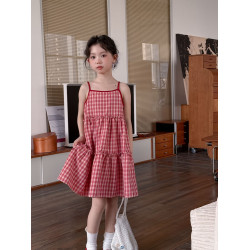小女孩紅色格子吊帶連衣裙童裙子夏季女童甜美兒童裝度假風公主裙