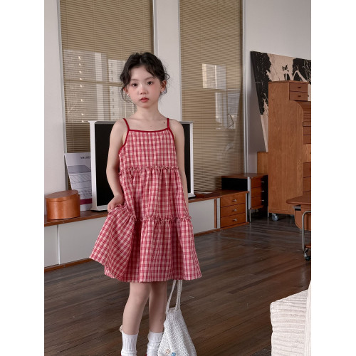 小女孩紅色格子吊帶連衣裙童裙子夏季女童甜美兒童裝度假風公主裙