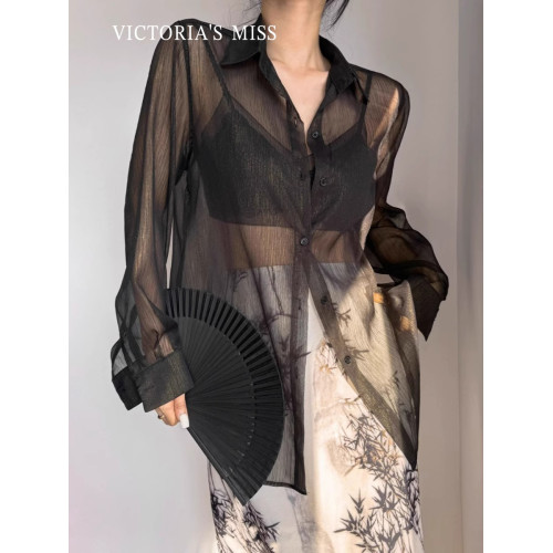 英國VICTORIA'S MISS黑色天絲防曬衣薄紗襯衫女夏季薄款吊帶外搭